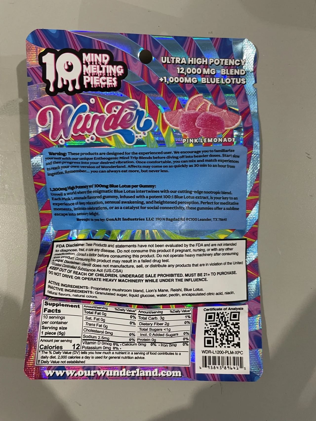Wunder Ultra-High Potency Blend + Blue Lotus Gummies 10ct Supplement Facts