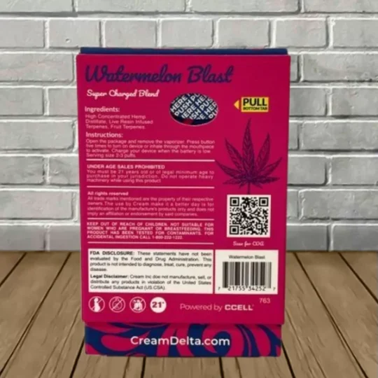 Cream Live Resin Super Charged D8 + THCP Blend Disposable 7g Watermelon Blast Ingredient List