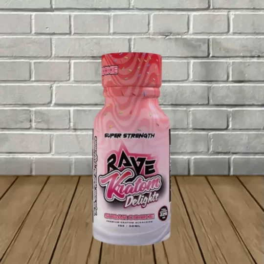 Rave Kratom Delights Super Strength Extract Shots 225mg Sugar Cookie Bottle