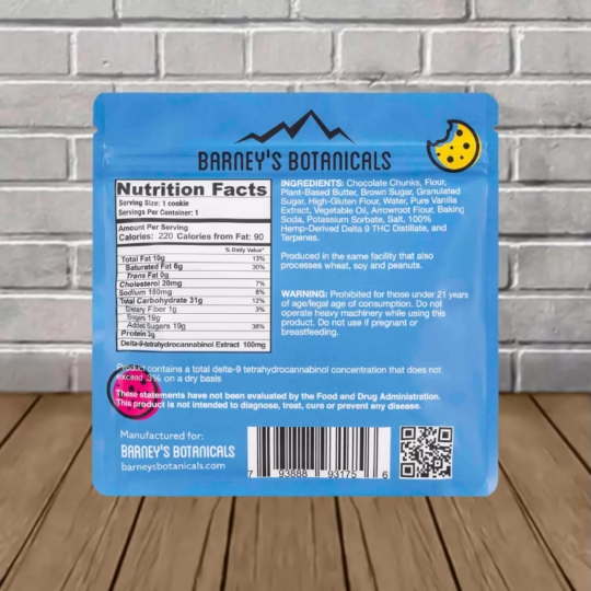 Barney's Botanicals Delta 9 THC Chocolate Chip Cookie 100mg Nutrition Facts
