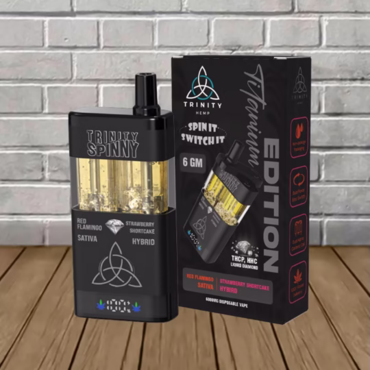 Trinity Spinny Titanium Edition THCp, HHC Liquid Diamond Edition 6g Disposable - Red Flamingo - Sativa -- Strawberry Shortcake - Hybrid -- DISPOSABLE