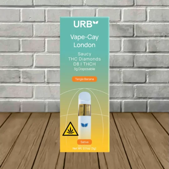 URB Vape-Cay London Saucy D8 THCh Diamonds Disposable 3g - Tangie Banana -- Sativa