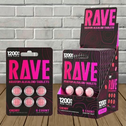 Rave Fast-Acting Nano Kratom Tablets 1200mg - Cherry -- 6ct x 10 = 60 Tablets BULK CASE