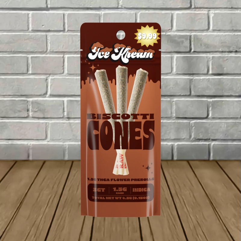 Ice Kream THCa Cones Prerolls 4.5g-Biscotti -- Indica -- 3ct Preroll Pack