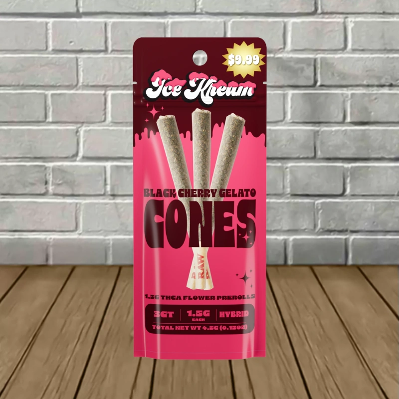 Ice Kream THCa Cones Prerolls 4.5g-Black Cherry Gelato -- Hybrid -- 3ct Preroll Pack