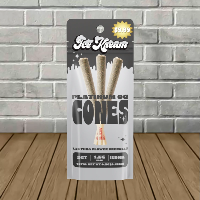 Ice Kream THCa Cones Prerolls 4.5g-Platinum OG -- Indica -- 3ct Preroll Pack