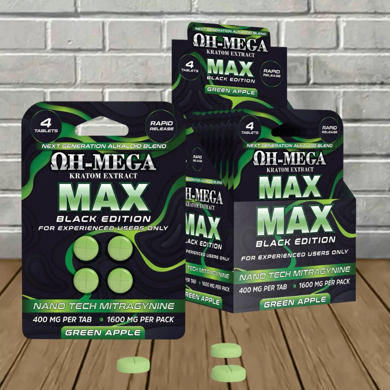 OH-MEGA MAX-NANO-MIT Kratom Extract Tablets 1600mg-Green Apple -- 4ct x 10 = 40 Tablets BULK CASE