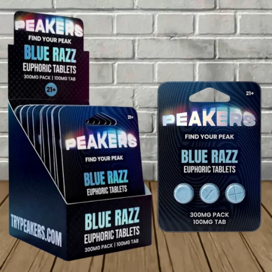 Peakers Euphoric Blend Tablets 300mg-Blue Razz -- 3ct x 10 = 30 Tablets BULK CASE