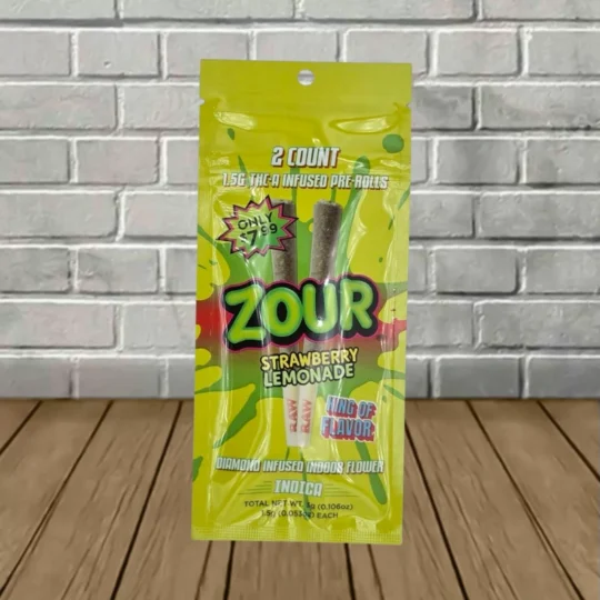 Zour Stash THCa Diamond Infused Prerolls 3g-Strawberry Lemonade -- Indica -- 2ct Pack