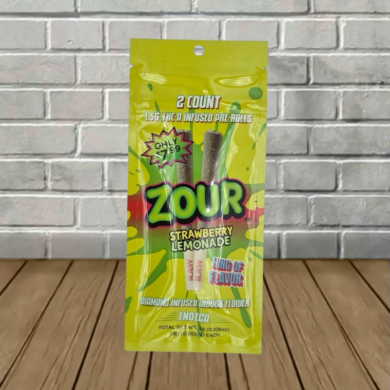 Zour Stash THCa Diamond Infused Prerolls 3g-Strawberry Lemonade -- Indica -- 2ct Pack