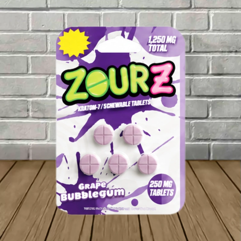 Zourz Kratom Extract Tablets 1250mg - Grape Bubblegum -- 5ct Blister Pack