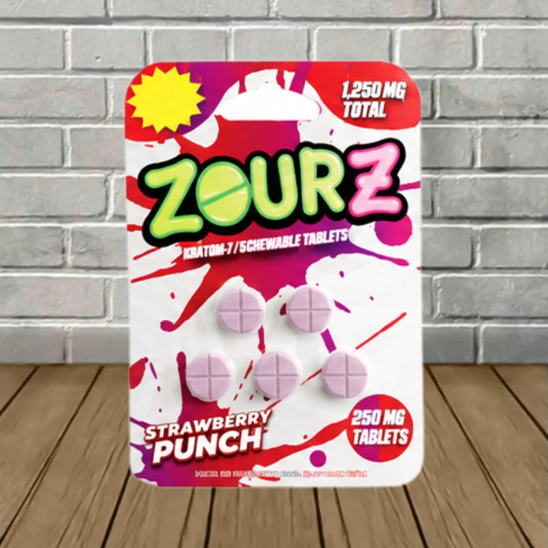 Zourz Kratom Extract Tablets 1250mg - Strawberry Punch -- 5ct Blister Pack