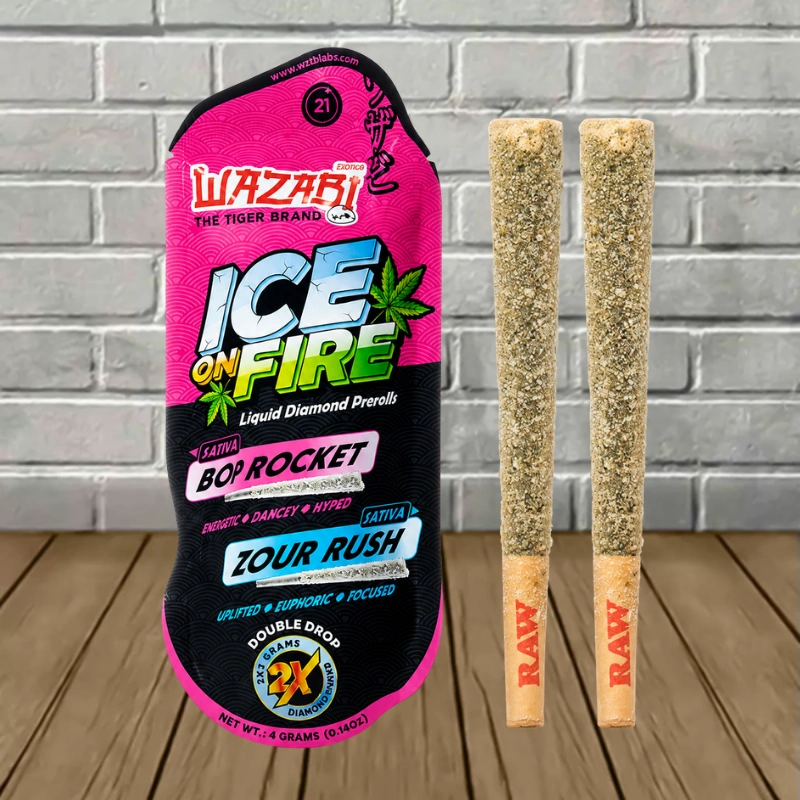 Wazabi Exotics Ice on Fire THCp Liquid Diamond Prerolls 4g-Bop Rocket + Zour Rush -- Sativa