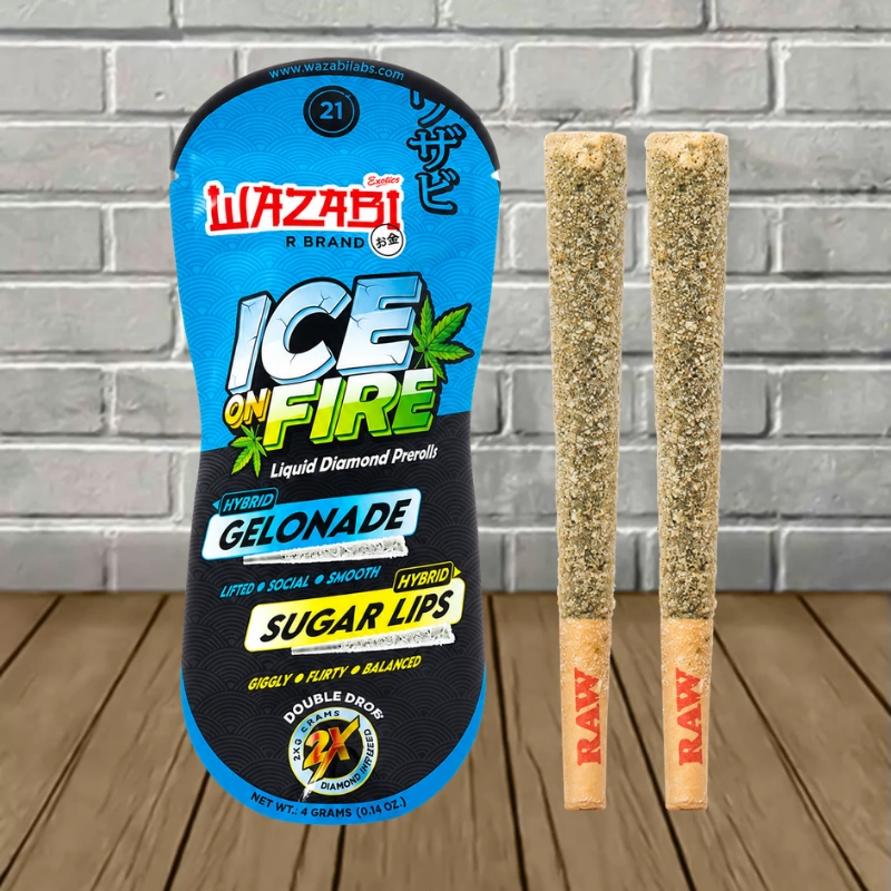 Wazabi Exotics Ice on Fire THCp Liquid Diamond Prerolls 4g-Gel Onade + Sugar Lips -- Hybrid