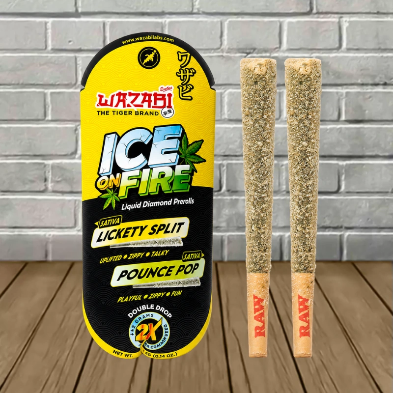 Wazabi Exotics Ice on Fire THCp Liquid Diamond Prerolls 4g-Lickety Split + Pounce Pop -- Sativa