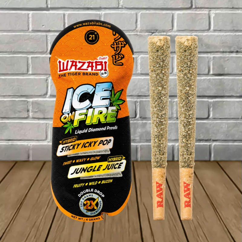 Wazabi Exotics Ice on Fire THCp Liquid Diamond Prerolls 4g-Sticky Icky Pop + Jungle Juice -- Hybrid