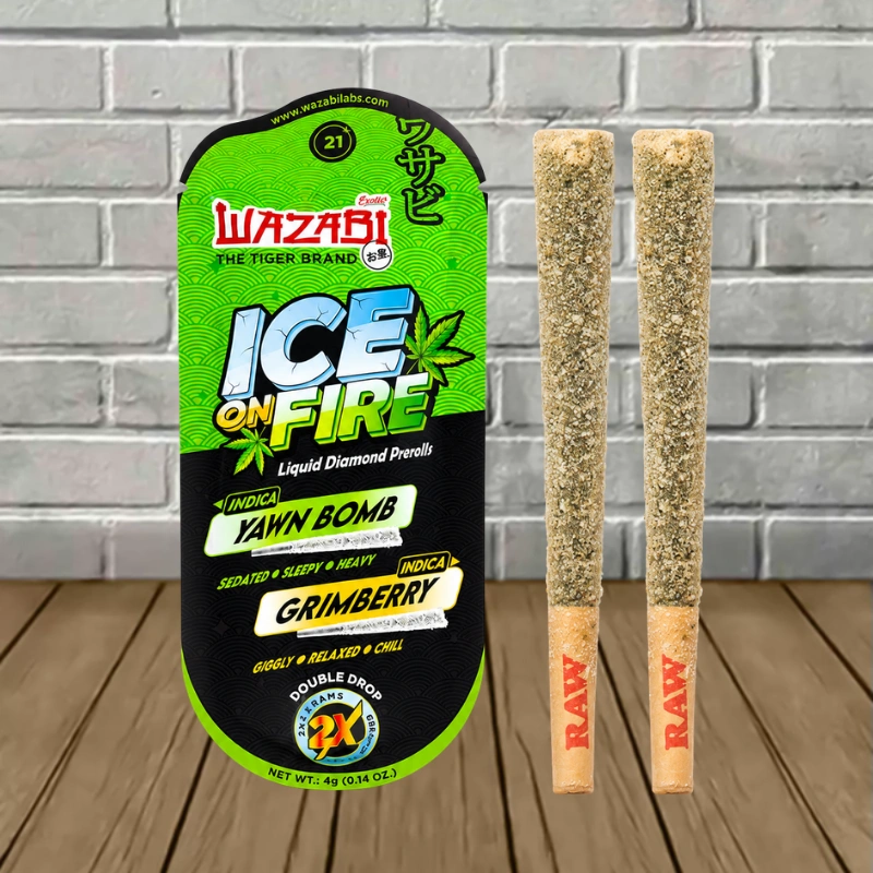 Wazabi Exotics Ice on Fire THCp Liquid Diamond Prerolls 4g-Yawn Bomb + Grimberry -- Indica