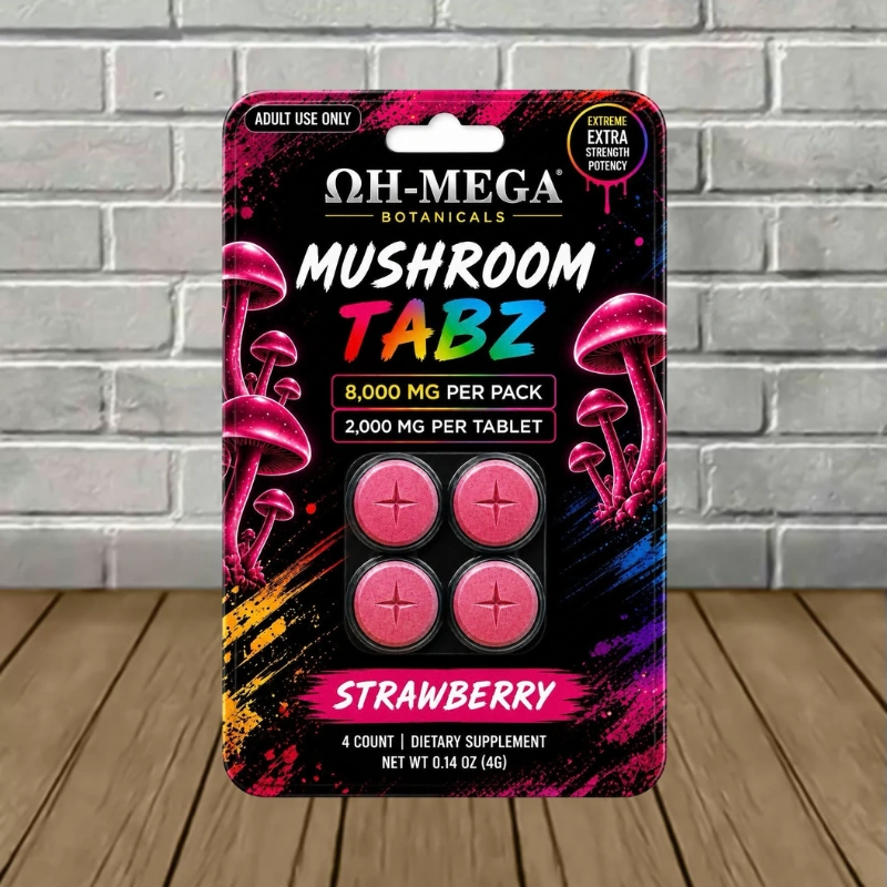 OH-MEGA Botanicals Mushroom Tablets 8000mg - Strawberry -- 4ct Blister Pack